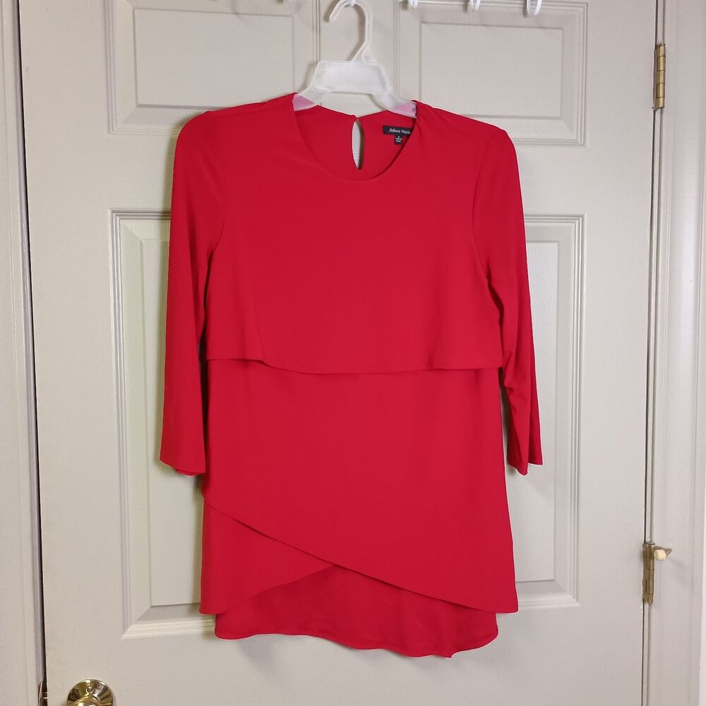 Athena Marie Women's Tunic Blouse Size Medium Red 3/4 Sleeve Business Casual